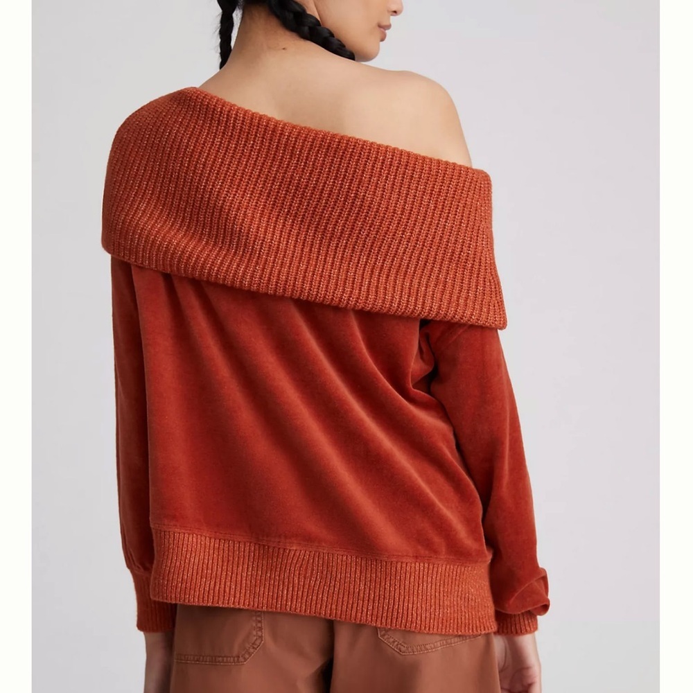 Anthropologie Daily Practice Terracota One Shoulder Pullover Velvet Sweater - Picture 4 of 10